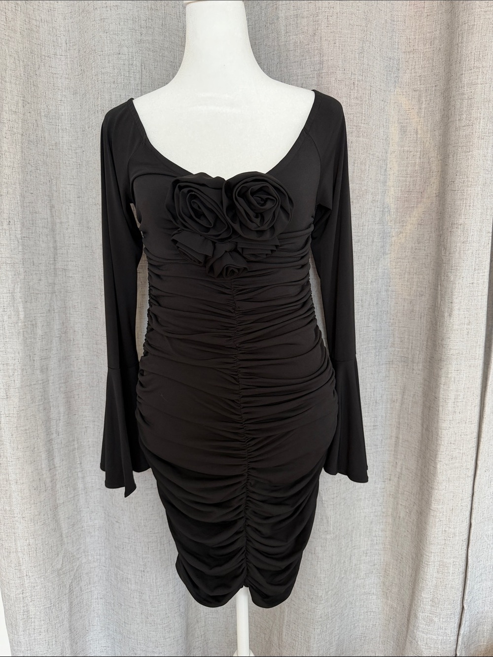 Black Long-Sleeve Ruched Dress with Floral Appliqué